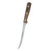 Serrated kitchen knife with a curved blade and wooden handle secured by three brass rivets, crafted in the USA for precise slicing of tomatoes and other fruits.