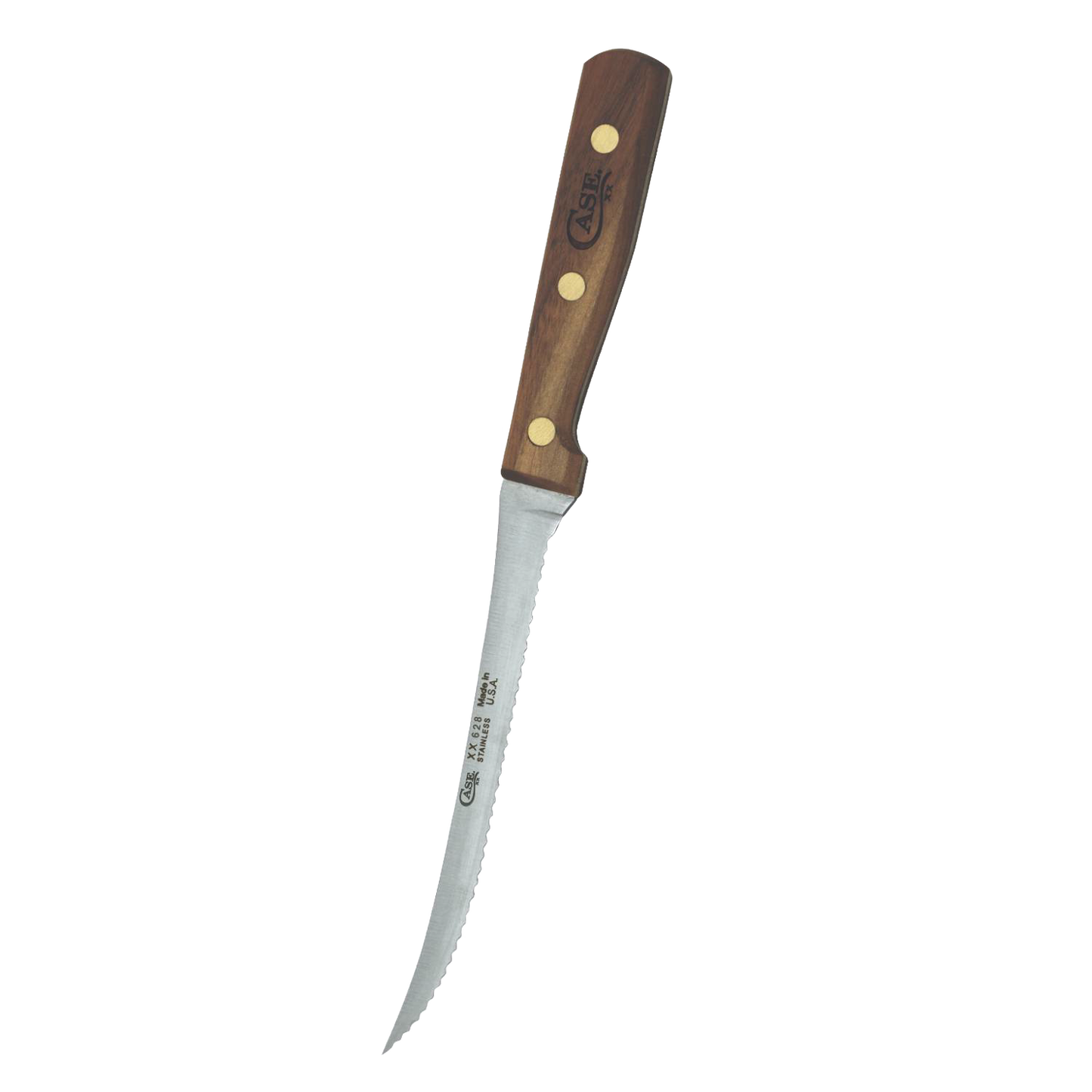 Serrated kitchen knife with a curved blade and wooden handle secured by three brass rivets, crafted in the USA for precise slicing of tomatoes and other fruits.