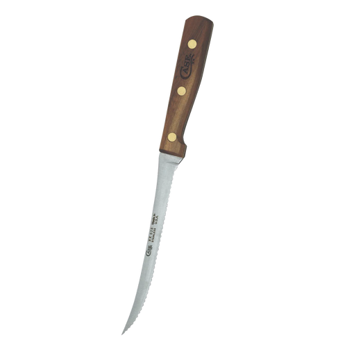 Serrated kitchen knife with a curved blade and wooden handle secured by three brass rivets, crafted in the USA for precise slicing of tomatoes and other fruits.