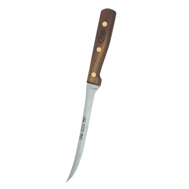 Serrated kitchen knife with a curved blade and wooden handle secured by three brass rivets, crafted in the USA for precise slicing of tomatoes and other fruits.