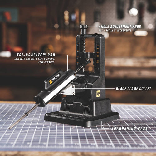 Work Sharp Precision Adjust Knife Sharpener with adjustable angle knob from 15° to 30°, tri-abrasive rod including coarse, fine diamond, and ceramic grits, blade clamp collet, and sturdy sharpening base, ideal for Farm, Garden & Tool, Kitchen & Food, and Sharpening collections.