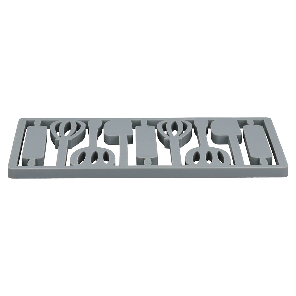Gray rectangular silicone trivet with utensil-shaped cutouts, designed to protect surfaces from heat, ideal for Kitchen & Food, Dinnerware, Holiday Hosting, and Kitchen Gadgets collections.