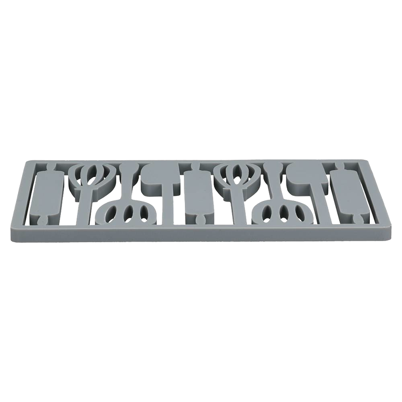 Gray rectangular silicone trivet with utensil-shaped cutouts, designed to protect surfaces from heat, ideal for Kitchen & Food, Dinnerware, Holiday Hosting, and Kitchen Gadgets collections.