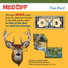 Educational puzzle insert illustration explaining the origin of the word "buck" with a deer head image, a novelty one-dollar bill design, and packaging photos, ideal for Toys, Books & Games and Best Sellers collections.