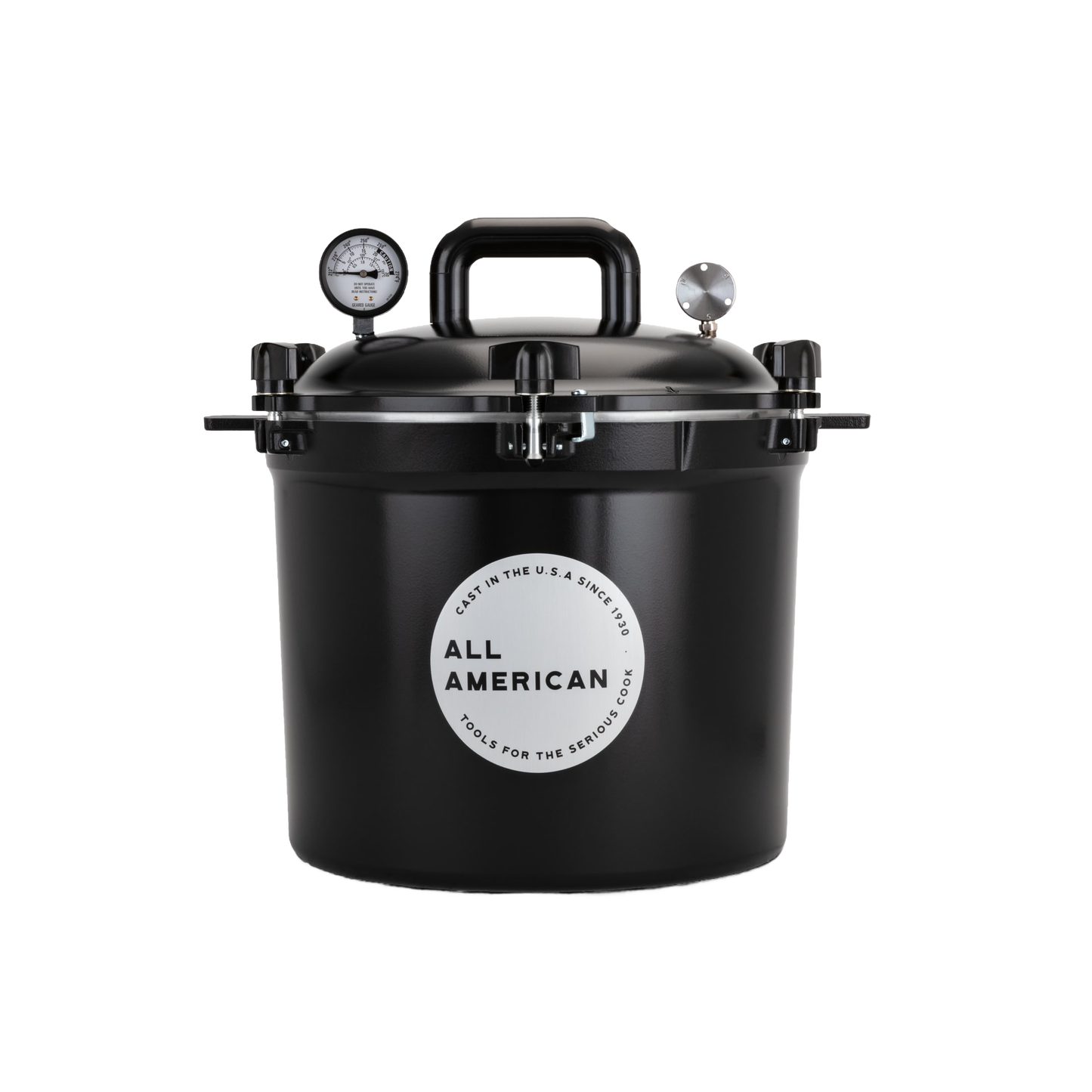 Matte black 21.5-quart pressure canner with secure locking lid, built-in pressure gauge, and sturdy handle, handcrafted in USA for Kitchen & Food, Food Preservation, Canning, Pressure Canners, and Best Sellers collections.