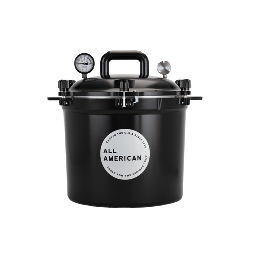 Matte black 21.5-quart pressure canner with secure locking lid, built-in pressure gauge, and sturdy handle, handcrafted in USA for Kitchen & Food, Food Preservation, Canning, Pressure Canners, and Best Sellers collections.