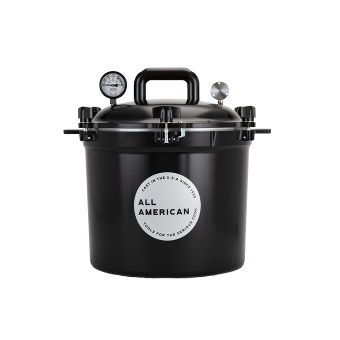 Matte black 21.5-quart pressure canner with secure locking lid, built-in pressure gauge, and sturdy handle, handcrafted in USA for Kitchen & Food, Food Preservation, Canning, Pressure Canners, and Best Sellers collections.