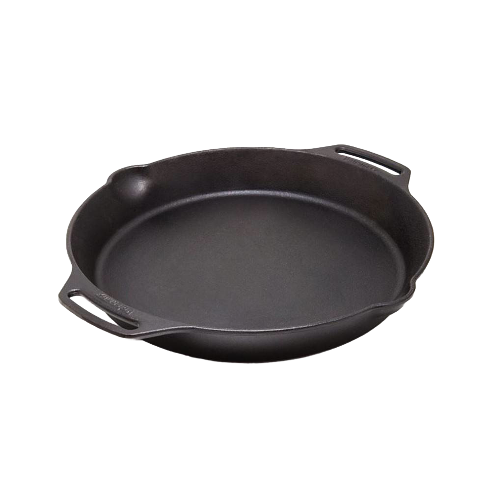 Round cast iron skillet with two side handles and pour spouts, designed for versatile cooking over open fire or stovetop, suitable for farm, camping, and kitchen use.