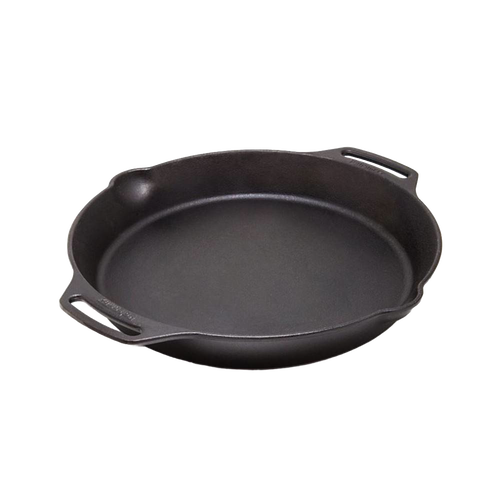 Round cast iron skillet with two side handles and pour spouts, designed for versatile cooking over open fire or stovetop, suitable for farm, camping, and kitchen use.