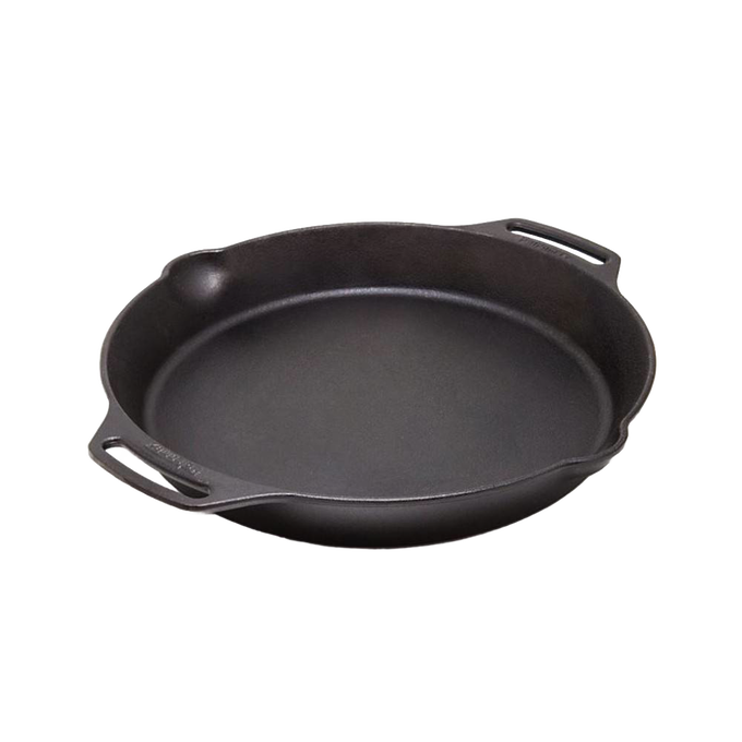 Round cast iron skillet with two side handles and pour spouts, designed for versatile cooking over open fire or stovetop, suitable for farm, camping, and kitchen use.