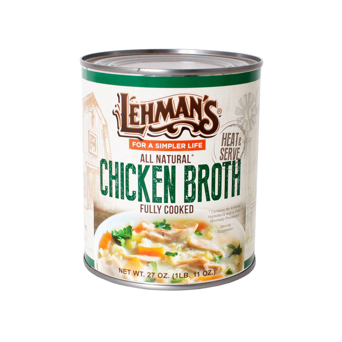 27 oz can of Lehman's all natural fully cooked chicken broth with illustrated farm scene and soup serving suggestion, ideal for Farm, Kitchen & Food, Emergency Supplies, and Best Sellers collections.