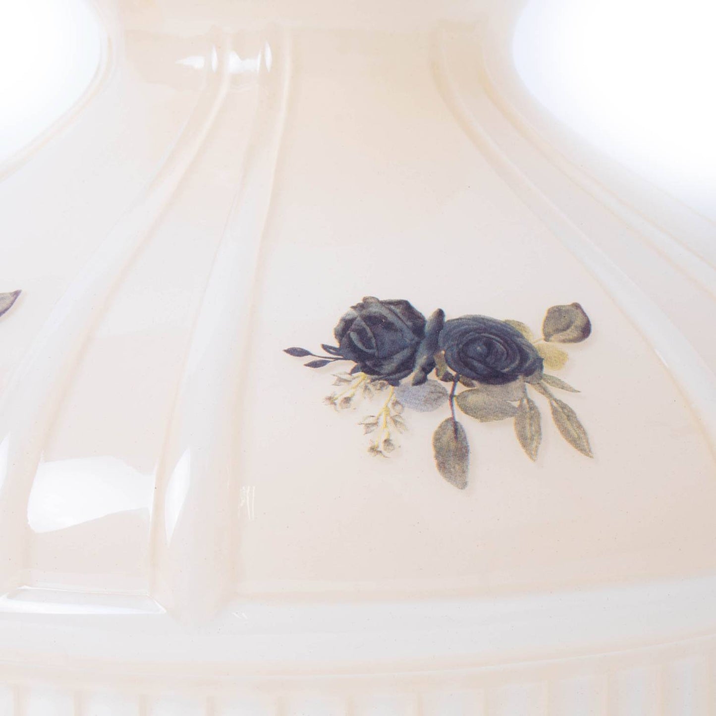 Close-up of a handcrafted glass lamp shade with black rose decoration, designed for 10" Aladdin lamps, perfect for Lamps & Lighting, Lamp Shades, Parts and Accessories, and Best Sellers collections.