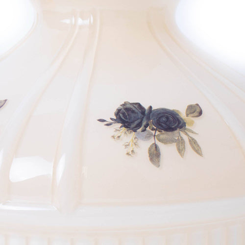 Close-up of a handcrafted glass lamp shade with black rose decoration, designed for 10" Aladdin lamps, perfect for Lamps & Lighting, Lamp Shades, Parts and Accessories, and Best Sellers collections.