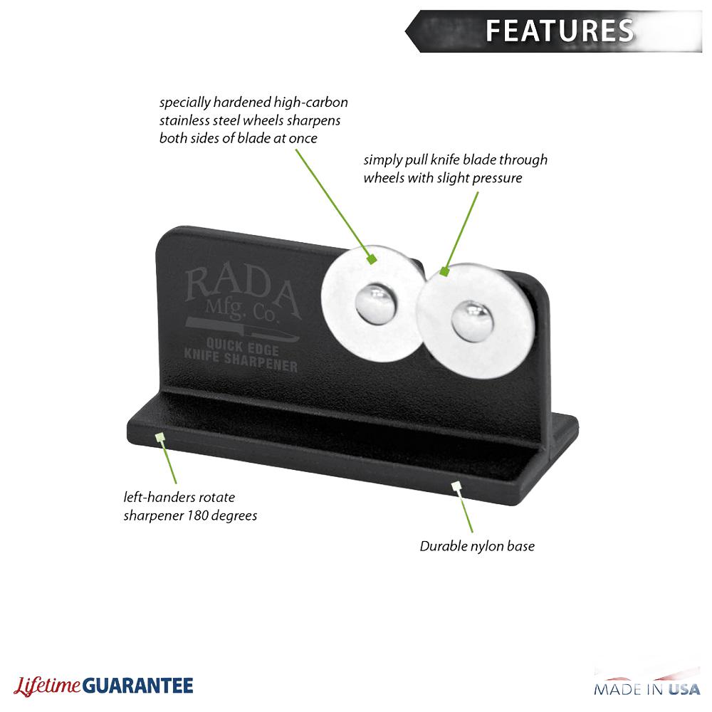 Compact black knife sharpener with two stainless steel sharpening wheels, reinforced nylon base with non-slip finish, handcrafted and made in USA, ideal for kitchen and food prep.