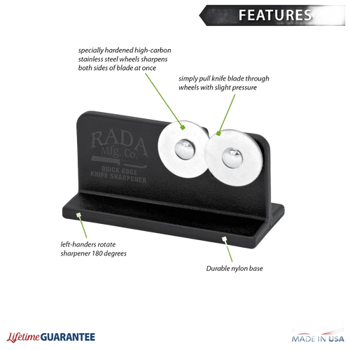 Compact black knife sharpener with two stainless steel sharpening wheels, reinforced nylon base with non-slip finish, handcrafted and made in USA, ideal for kitchen and food prep.