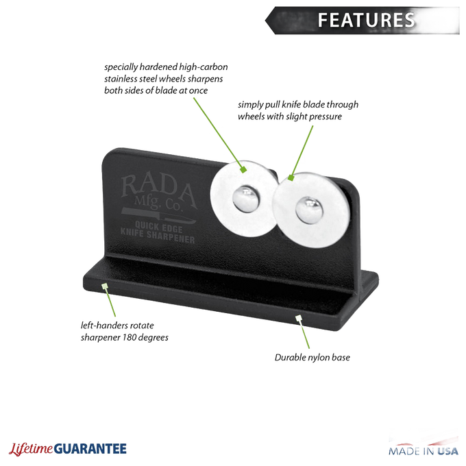 Compact black knife sharpener with two stainless steel sharpening wheels, reinforced nylon base with non-slip finish, handcrafted and made in USA, ideal for kitchen and food prep.