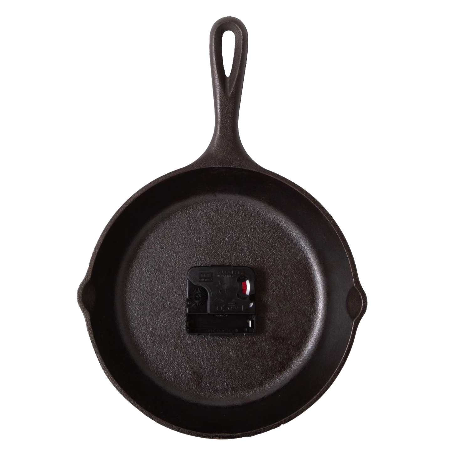 Handcrafted cast iron skillet clock with a light green undertone face, featuring a hanging handle and made in USA, perfect for Home & Decor, Cast Iron, and Best Sellers collections.