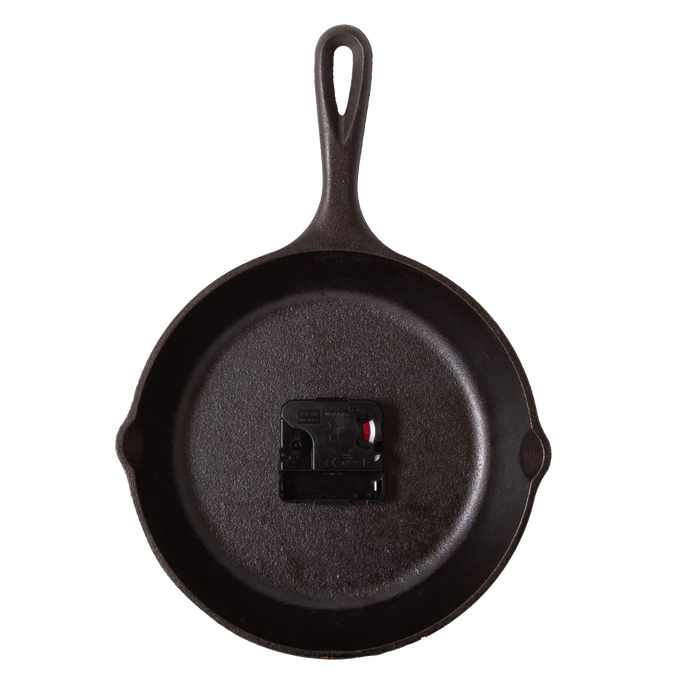 Handcrafted cast iron skillet clock with a light green undertone face, featuring a hanging handle and made in USA, perfect for Home & Decor, Cast Iron, and Best Sellers collections.