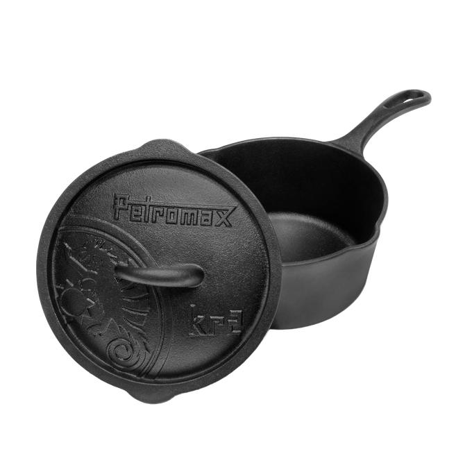 Durable cast iron saucepan with self-basting domed lid and long handle, featuring embossed design, suitable for farm, garden, camping, cookware, and cast iron collections.
