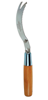 Handcrafted angle weeder with a curved, serrated stainless steel blade and smooth wooden handle, designed for effective root and crack weed removal in garden and farm tools collections.