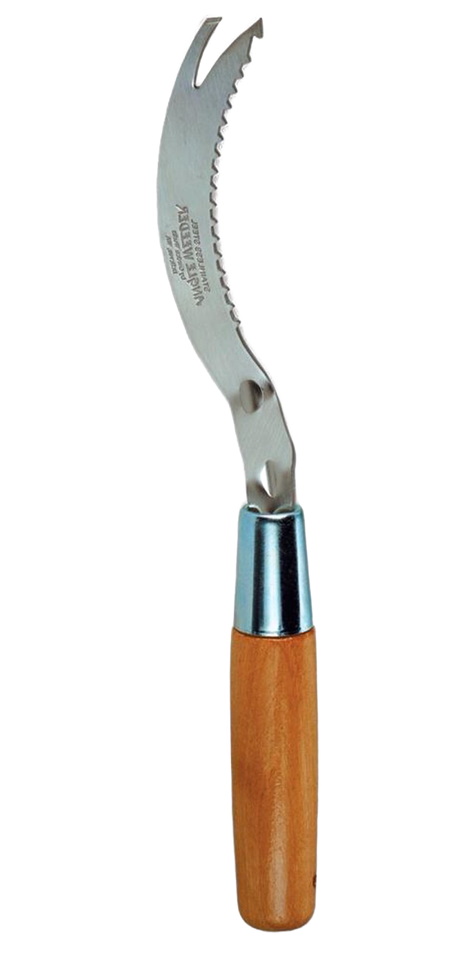 Handcrafted angle weeder with a curved, serrated stainless steel blade and smooth wooden handle, designed for effective root and crack weed removal in garden and farm tools collections.
