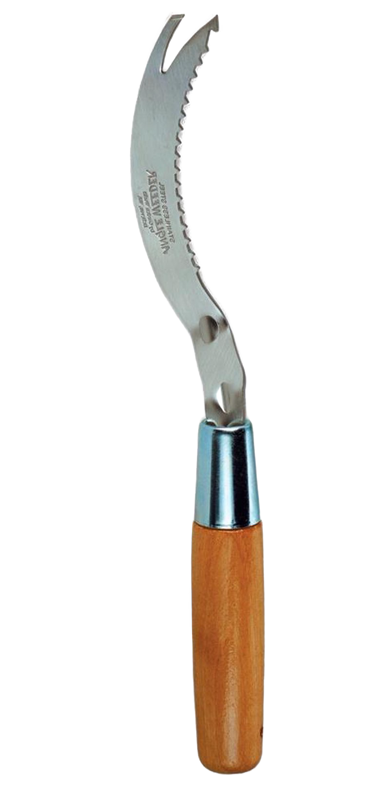 Handcrafted angle weeder with a curved, serrated stainless steel blade and smooth wooden handle, designed for effective root and crack weed removal in garden and farm tools collections.