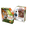 Box set for a 300-piece tiger head shaped puzzle featuring educational fun facts and a full-color reference image, ideal for children's toys, books & games, and puzzles collections.