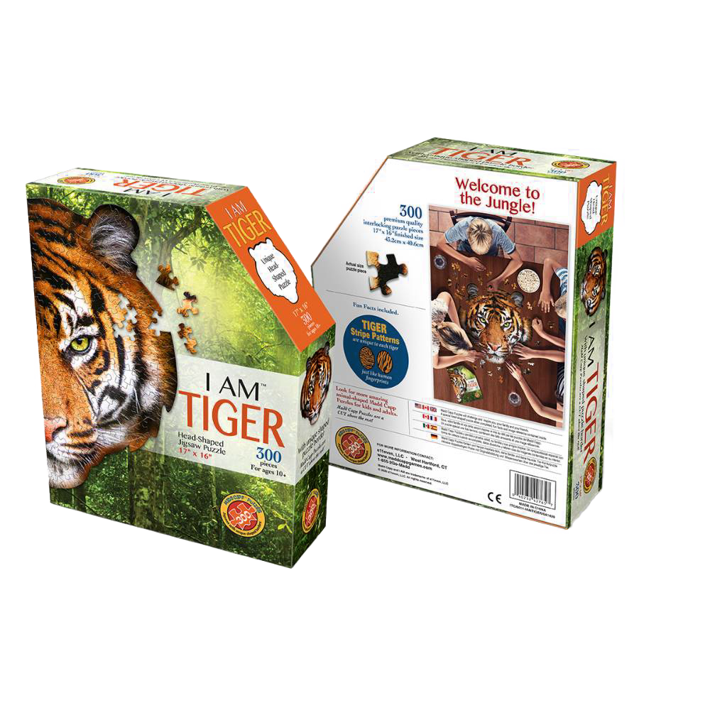 Box set for a 300-piece tiger head shaped puzzle featuring educational fun facts and a full-color reference image, ideal for children's toys, books & games, and puzzles collections.