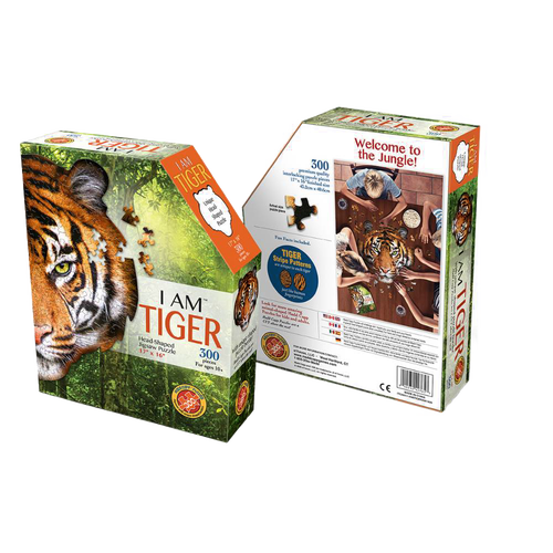 Box set for a 300-piece tiger head shaped puzzle featuring educational fun facts and a full-color reference image, ideal for children's toys, books & games, and puzzles collections.