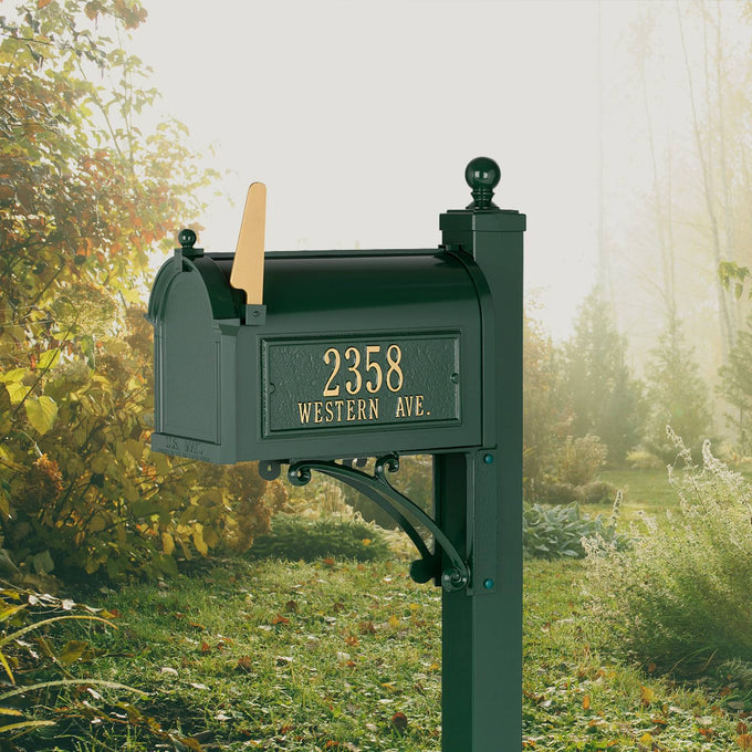 Handcrafted green and gold mailbox with custom street address and matching post, made in the USA, enhancing curb appeal in Home & Decor, Household Helpers, and Mailboxes and Address Signs collections.