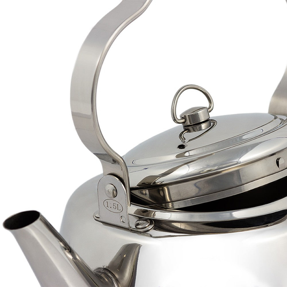 Close-up of a polished stainless steel kettle with a threefold bent movable handle and secure lid, designed for easy hanging and use in Farm, Garden & Tool, Kitchen & Food, Camping, and Brewing Coffee and Tea collections.