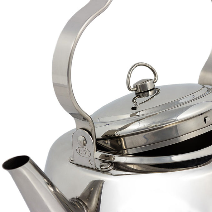 Close-up of a polished stainless steel kettle with a threefold bent movable handle and secure lid, designed for easy hanging and use in Farm, Garden & Tool, Kitchen & Food, Camping, and Brewing Coffee and Tea collections.