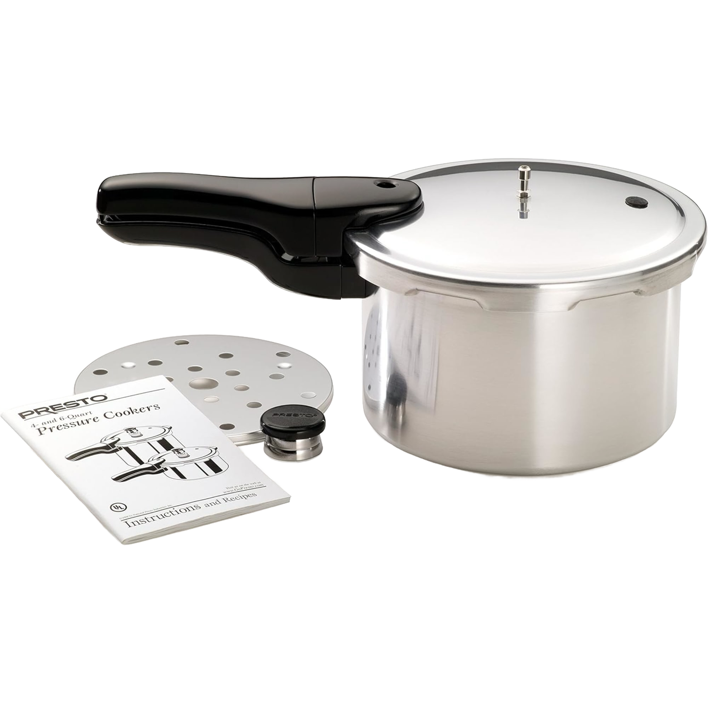Handcrafted aluminum pressure cooker with glossy finish and black ergonomic handle, shown with steam rack, pressure regulator, and instruction manual, featured in Kitchen & Food, Cookware, Pots and Pans, Best Sellers, and Promo Eligible collections.