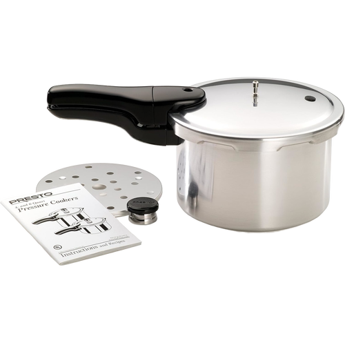 Handcrafted aluminum pressure cooker with glossy finish and black ergonomic handle, shown with steam rack, pressure regulator, and instruction manual, featured in Kitchen & Food, Cookware, Pots and Pans, Best Sellers, and Promo Eligible collections.
