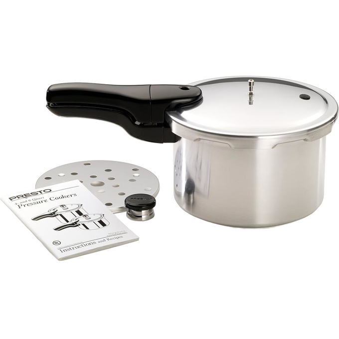 Handcrafted aluminum pressure cooker with glossy finish and black ergonomic handle, shown with steam rack, pressure regulator, and instruction manual, featured in Kitchen & Food, Cookware, Pots and Pans, Best Sellers, and Promo Eligible collections.