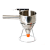 Stainless steel batter dispenser with thumb lever and stand, featuring a sealed silicone inner plug and orange tip, designed for precise batter control in baking and cooking.