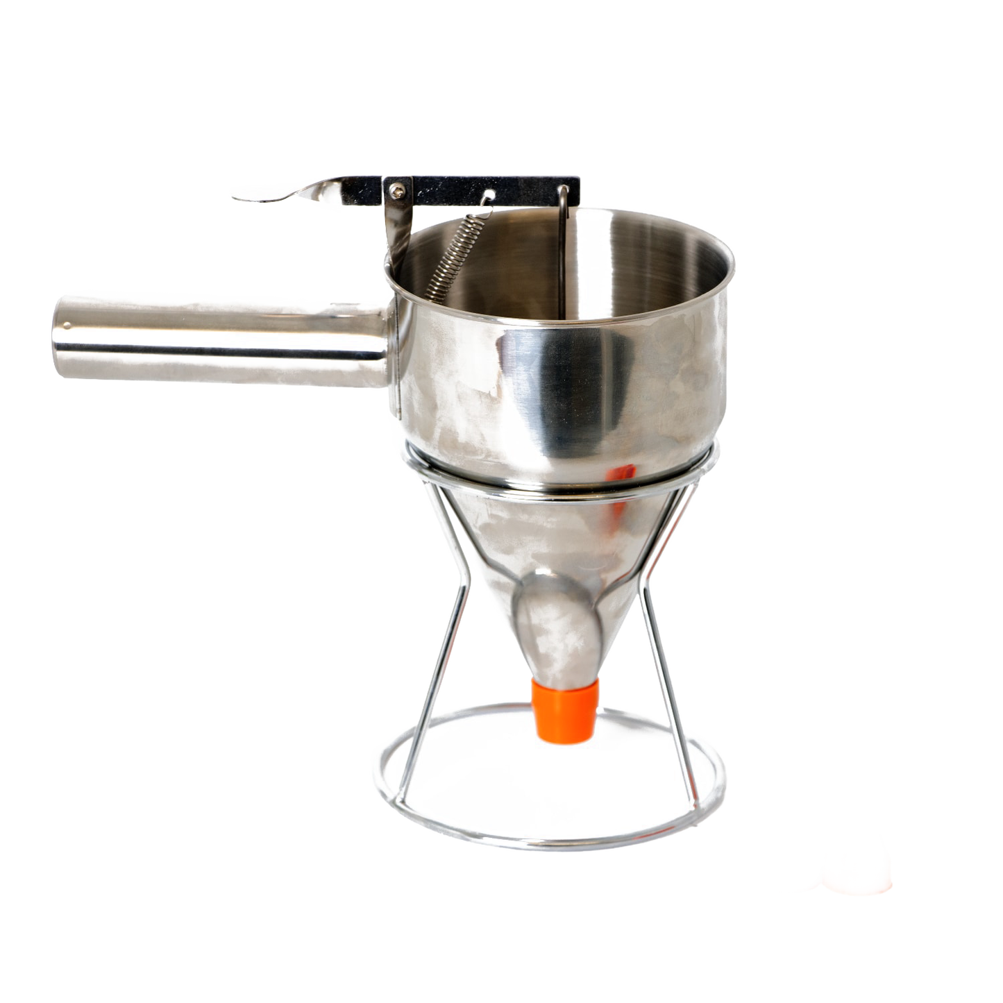 Stainless steel batter dispenser with thumb lever and stand, featuring a sealed silicone inner plug and orange tip, designed for precise batter control in baking and cooking.