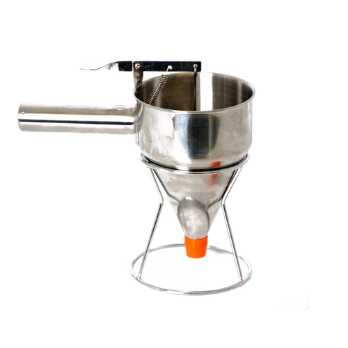 Stainless steel batter dispenser with thumb lever and stand, featuring a sealed silicone inner plug and orange tip, designed for precise batter control in baking and cooking.