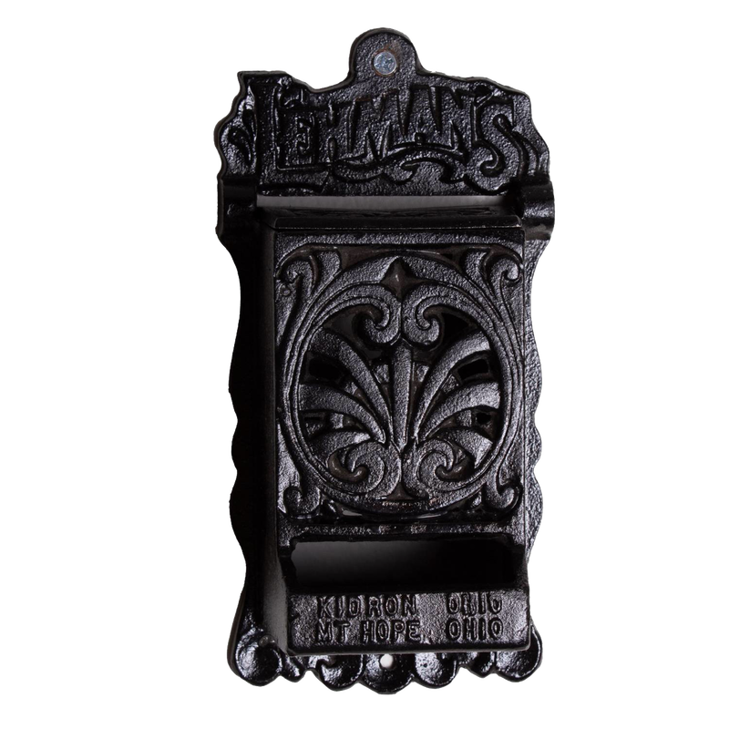 Handcrafted black cast iron wall-mounted matchbox holder with ornate vintage design and Lehman's branding, made in USA, ideal for Home & Decor, Household Helpers, and Best Sellers collections.