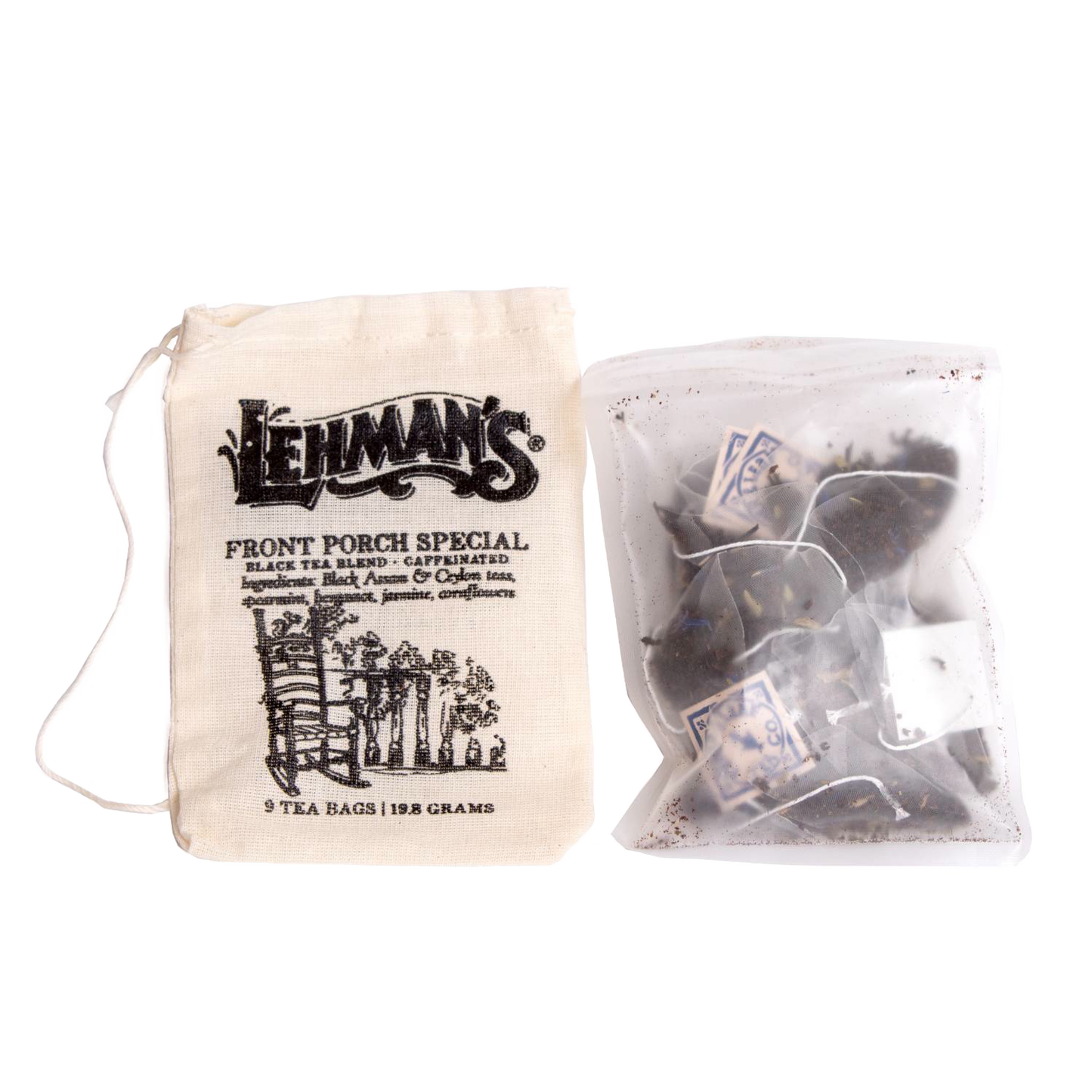 Natural cloth drawstring bag with printed logo containing nine handcrafted tea bags of black tea blend, accompanied by a clear resealable pouch, part of Kitchen & Food, Brewing Coffee and Tea, USA Made, and Best Sellers collections.