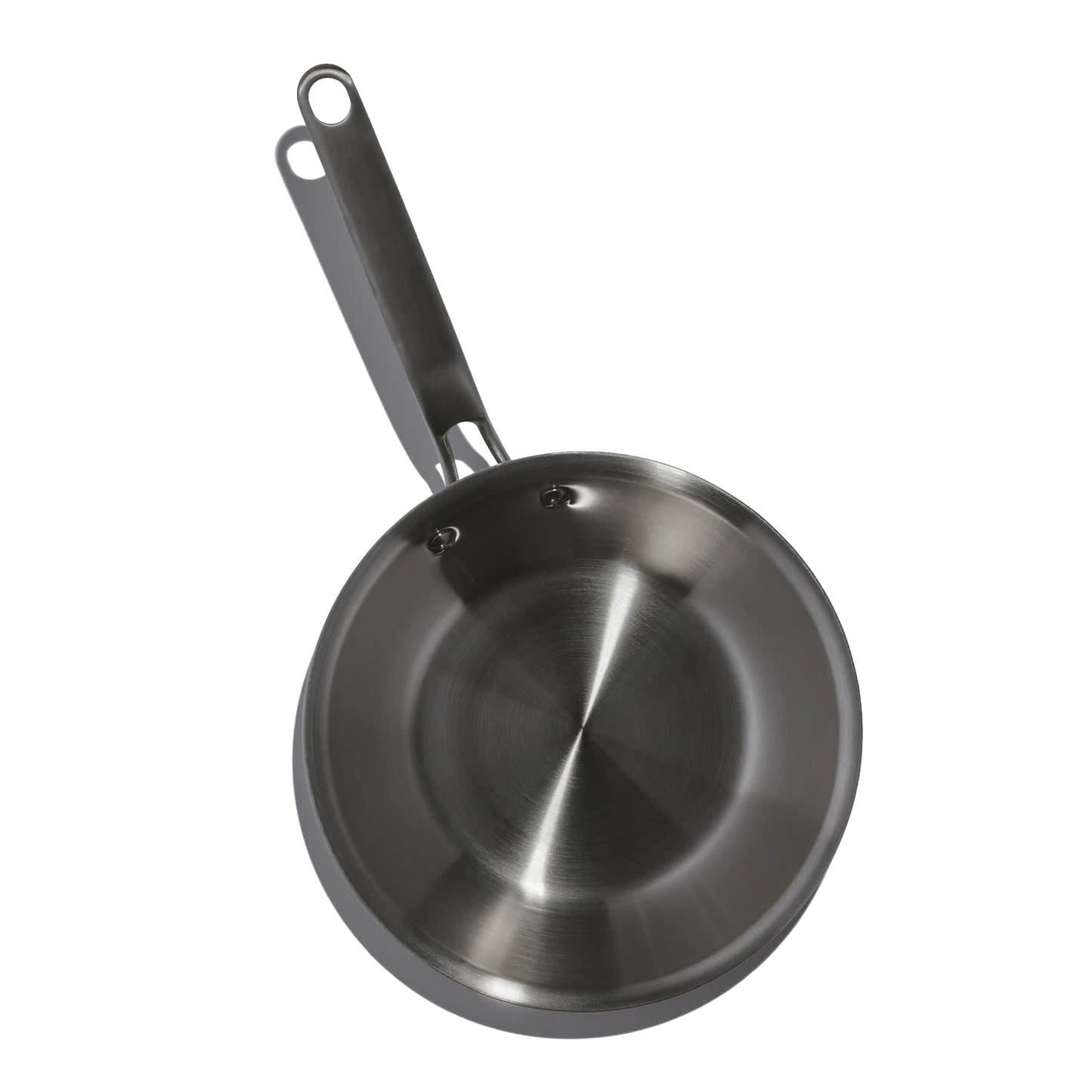 Top view of a handcrafted fully clad stainless steel fry pan with riveted handle, designed for even heating and durability, featured in Kitchen & Food, Cookware, and Best Sellers collections.