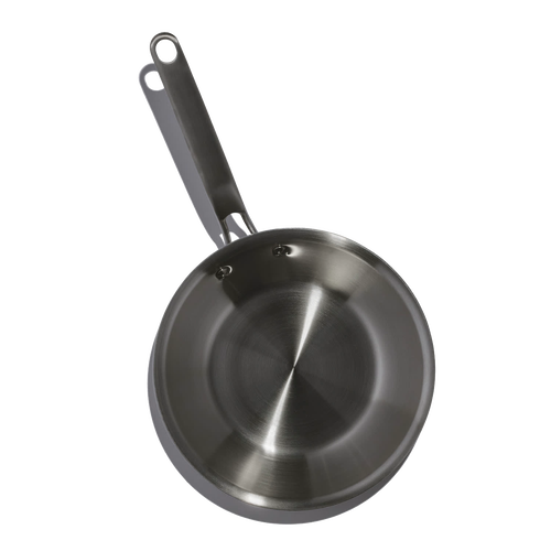 Top view of a handcrafted fully clad stainless steel fry pan with riveted handle, designed for even heating and durability, featured in Kitchen & Food, Cookware, and Best Sellers collections.