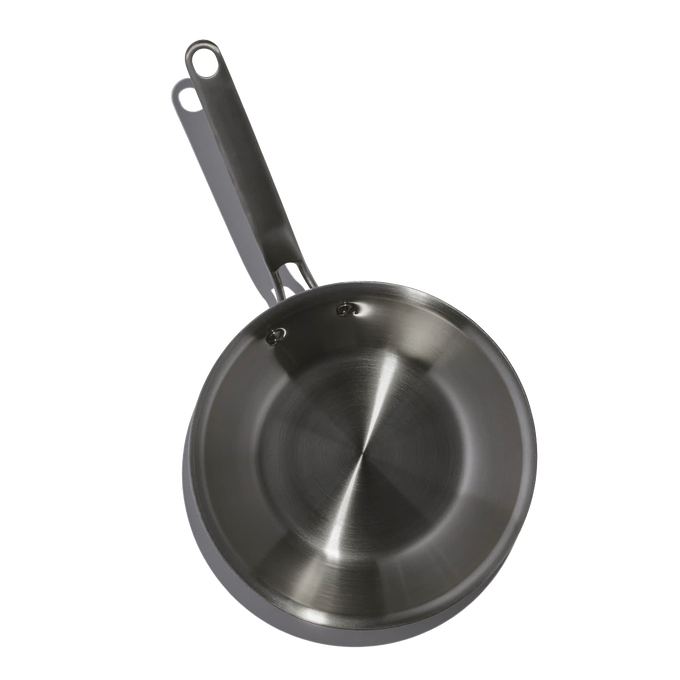 Top view of a handcrafted fully clad stainless steel fry pan with riveted handle, designed for even heating and durability, featured in Kitchen & Food, Cookware, and Best Sellers collections.