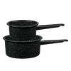 Set of two black speckled enamelware saucepans with long handles, handcrafted for versatile cooking, featured in Kitchen & Food, Cookware, Pots and Pans, and Best Sellers collections.