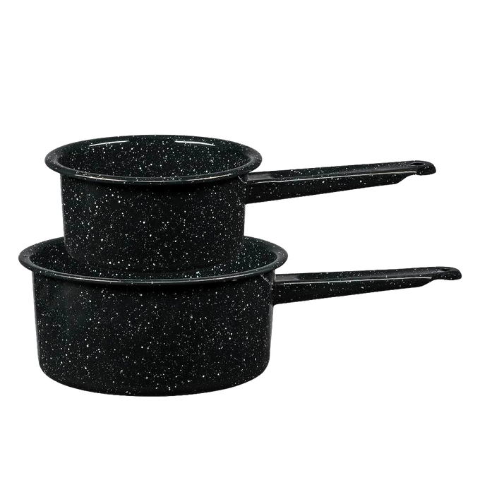 Set of two black speckled enamelware saucepans with long handles, handcrafted for versatile cooking, featured in Kitchen & Food, Cookware, Pots and Pans, and Best Sellers collections.