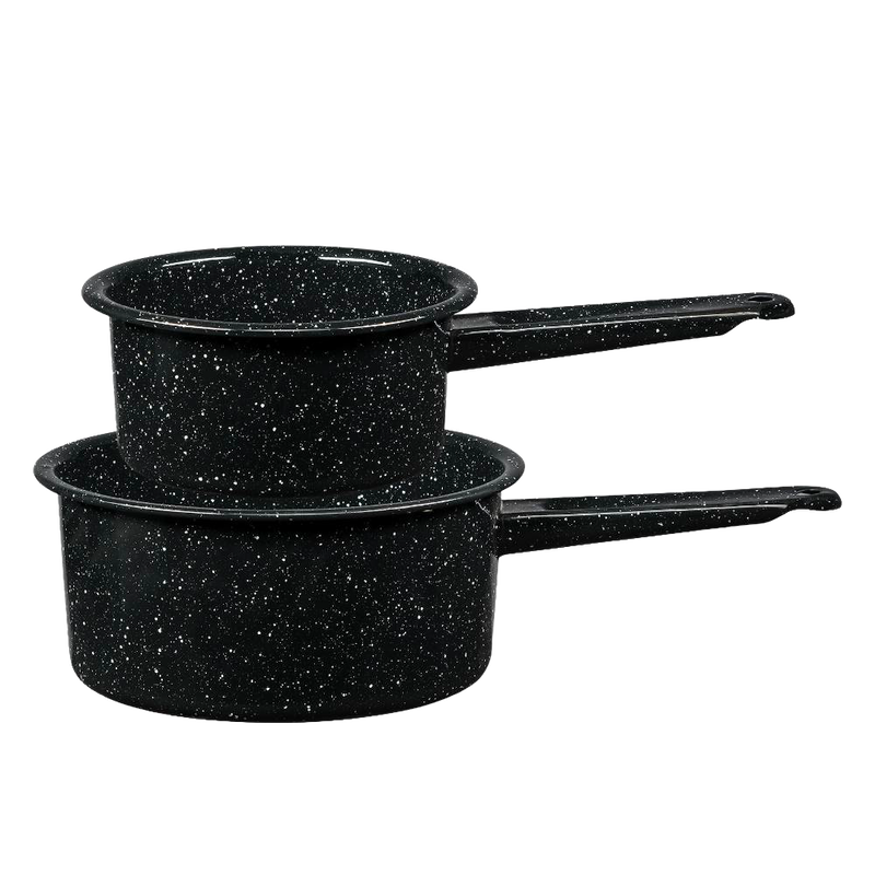 Set of two black speckled enamelware saucepans with long handles, handcrafted for versatile cooking, featured in Kitchen & Food, Cookware, Pots and Pans, and Best Sellers collections.