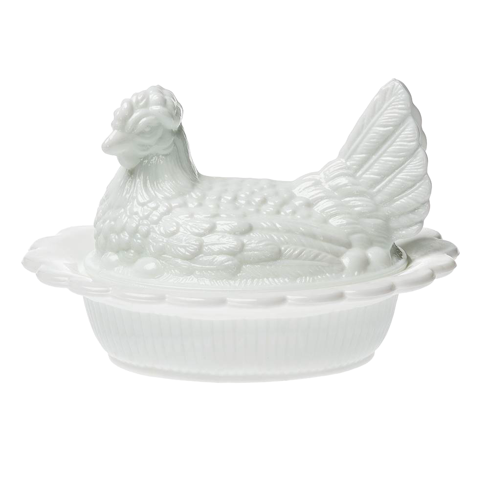 Hand-pressed white glass covered dish shaped like a hen with detailed textured design, handcrafted in the USA, ideal for Kitchen & Food, Storage and Serving, USA Made, Best Sellers, and Promo Eligible collections.