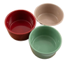 Set of three ceramic condiment bowls in red, beige, and green, handcrafted for easy serving, featured in Kitchen & Food, Storage and Serving, Best Sellers, and Promo Eligible collections.