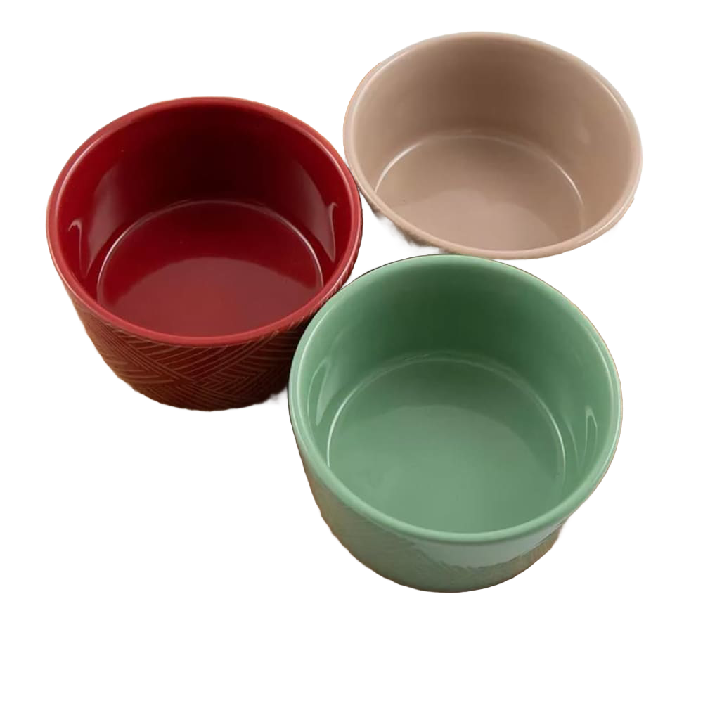 Set of three ceramic condiment bowls in red, beige, and green, handcrafted for easy serving, featured in Kitchen & Food, Storage and Serving, Best Sellers, and Promo Eligible collections.