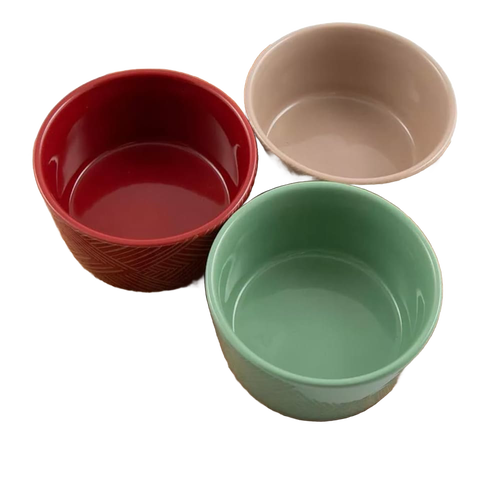 Set of three ceramic condiment bowls in red, beige, and green, handcrafted for easy serving, featured in Kitchen & Food, Storage and Serving, Best Sellers, and Promo Eligible collections.